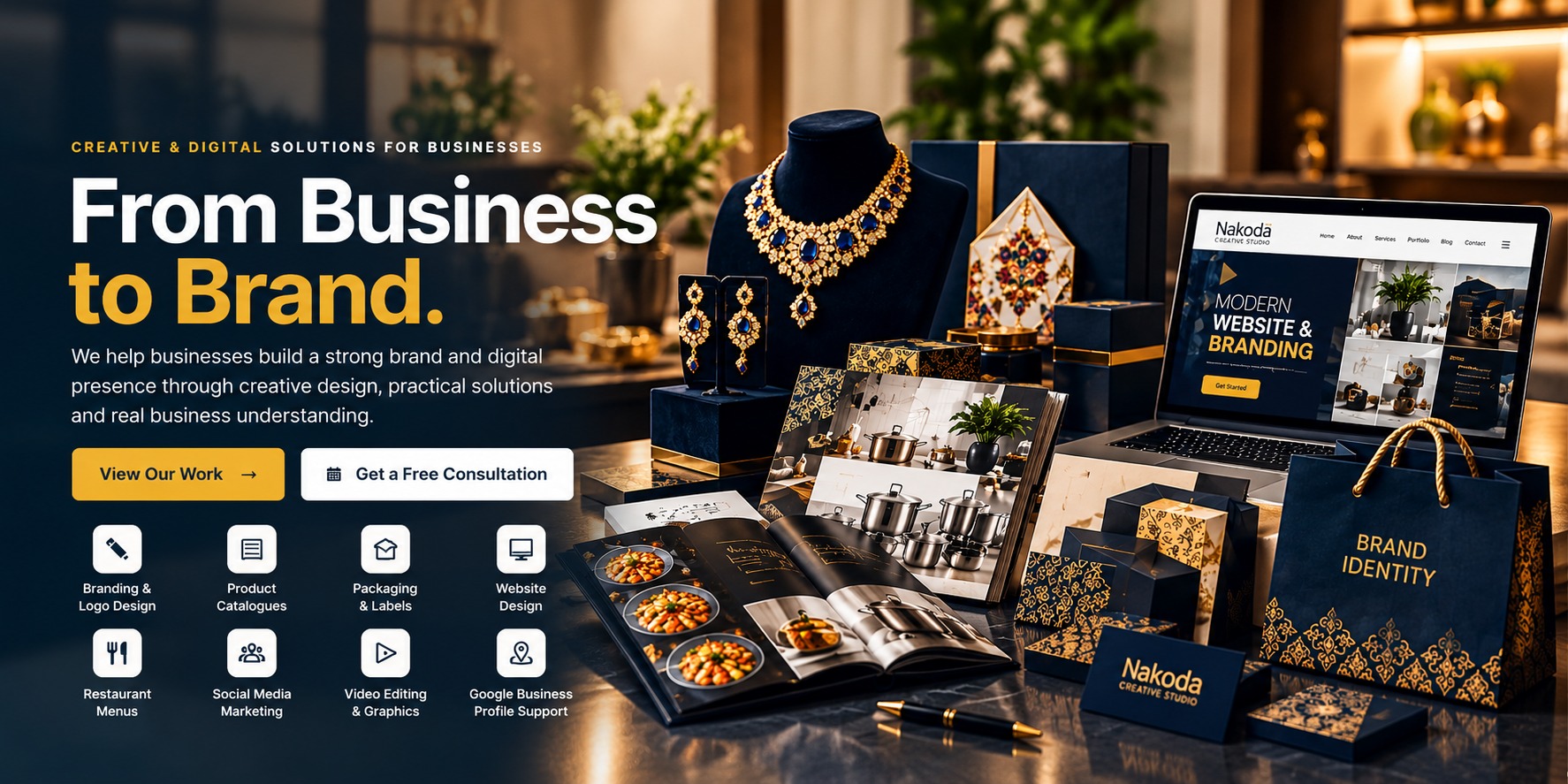 Nakoda Creative Studio: From Business to Brand. Creative and digital solutions for businesses, with branding, catalogues, packaging, website design, restaurant menus, social media marketing, video and Google Business Profile services.